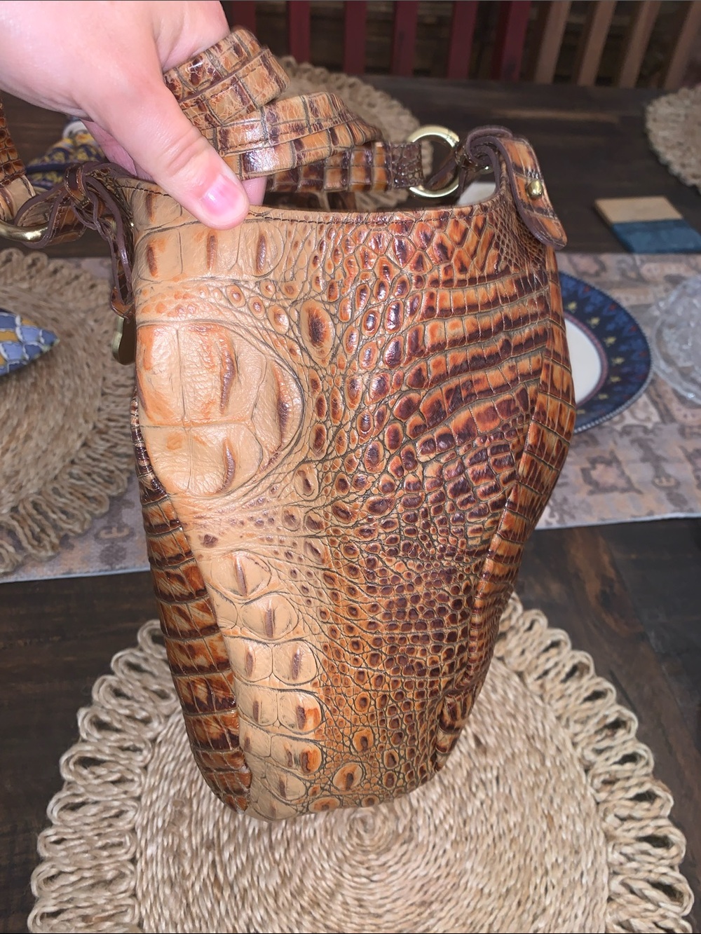 Brahmin Tan and Brown Croc-Embossed Leather Tote - Picture 7 of 12
